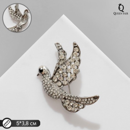 Brooch "Bird" fluttering, white color in silver