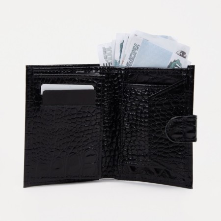 Male purse on a button, for bills, for cards, for coins, black color-3