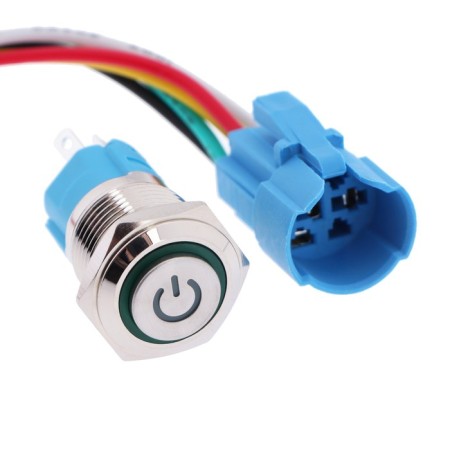 Switch, 12 V, 3 A, 5 PIN, IP67, D 16mm, wire 15 cm, green-1