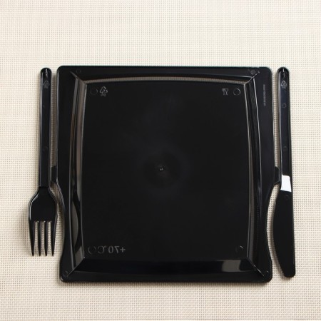 Plastic disposable plastic 3 in 1: plate, fork, knife, square, black-4