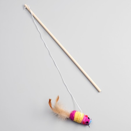 Teaser with a terry mouse (7 cm) on a wooden stick, 40 cm, mix of flowers-2