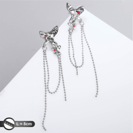 Hanging earrings with rhinestones "Firebird" with a chain, red color in silver, 8 cm