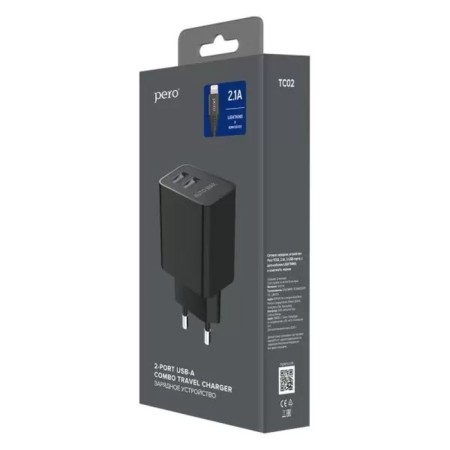 Network charger PERO TC02, 2 USB, 2.1 A, Lightning cable, black-3