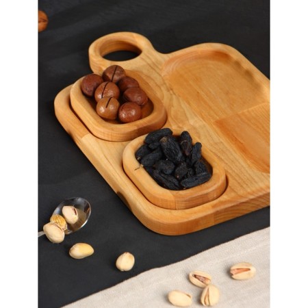 Gift set of ADELICA wooden dishes, serving 3 sections, 2 Menzhitsa removable, oil as a gift 100 ml, birch-4