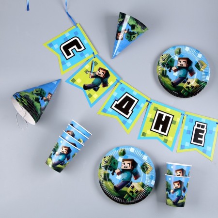 A set of paper utensils "Minecraft": 6 plates, 1 garland, 6 glasses, 6 caps-2