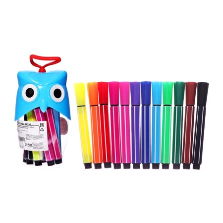 Flomasters 12 colors in the plastic tube of the owl blue, thick ventilated cap