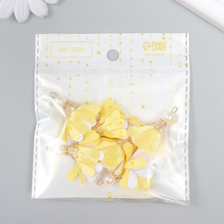 Decor Textile "Flower 2 colors with pearls. Yellow and white" set 6 pcs 3 cm-3
