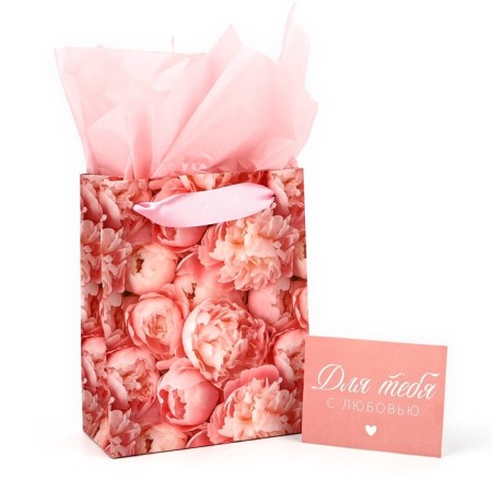 Packet laminated bilateral “peonies”, with quiet and postcard, S, 12 x 15 x 5.5