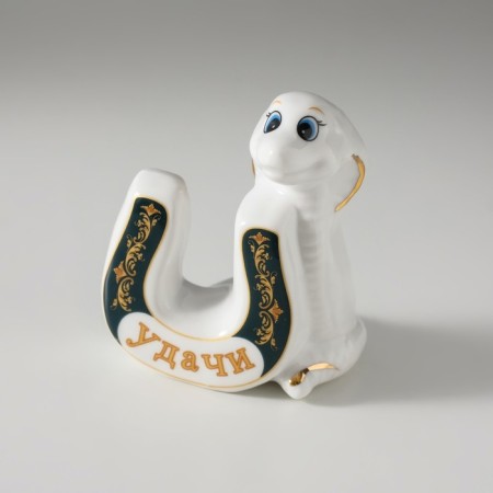 Souvenir Ceramics "White Cobra with horseshoe - good luck" 5x7x8.5 cm-4