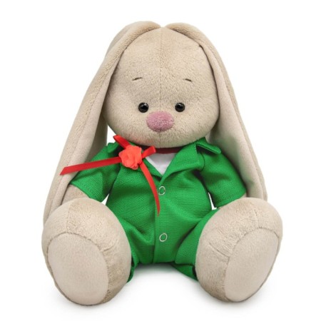 Soft toy "Bunny Mi", in a green overalls, 18 cm