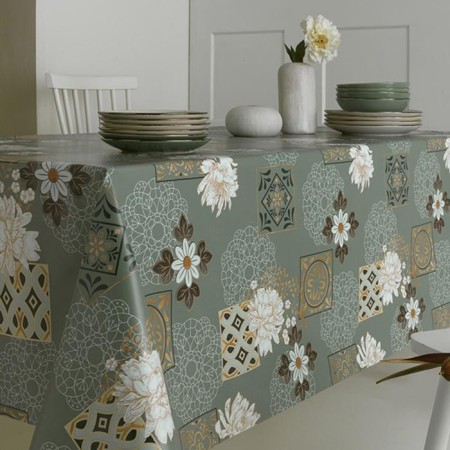 Camelia oilcloth 140 cm, roll 20 m, white drawing, green peony