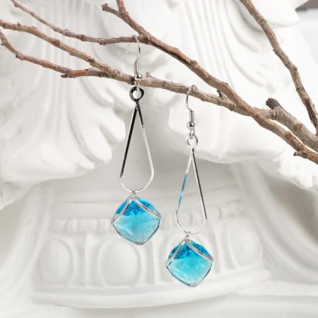 Hanging earrings with rhinestones "drop with a rhombus", blue color in silver, 7.2 cm-1