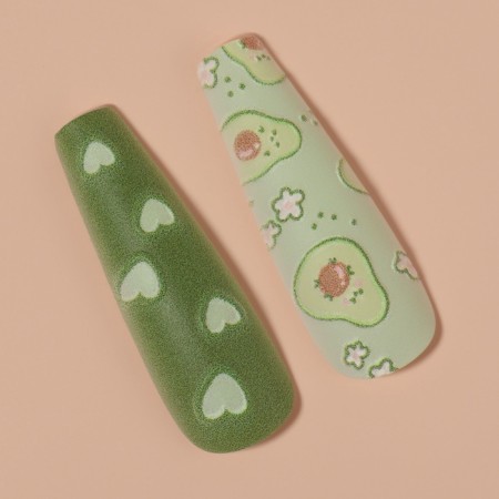Avocado overhead nails, 12 pcs, with adhesive plates, ballerina shape, green/white color-3