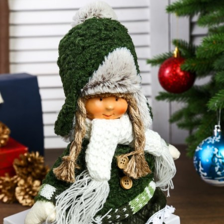 Interior doll "Girl with pigtails in a green coat and green hat" 36x8x13 cm-4