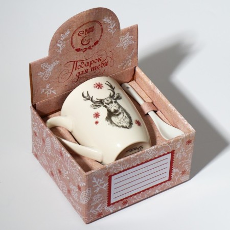 Ceramic mug with a spoon "Deer", 310 ml, white color-6