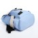 A backpack with a zipper, 5 outer pockets, beige/blue color