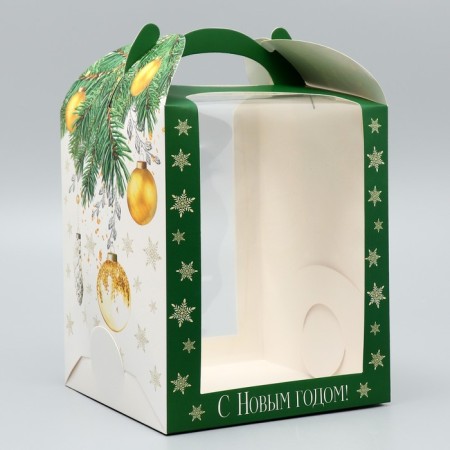A folding box for a small cake "Happy New Year", balls, 15 x 15 x 18 cm, New Year-1