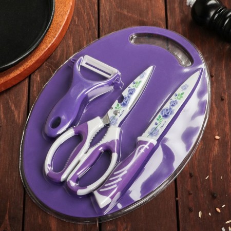 A set of kitchen utensils, 4 objects: knife, scissors with an anti -daliped coating, vegetable cleaning, board, purple color