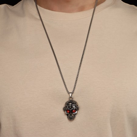 The pendant "Skull with patterns" bright eyes, red color in black silver, 70 cm-2