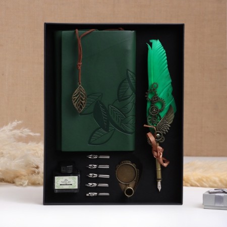 Gift set 4V1 "steampunk": notebook, green feathers green, ink, tips-1