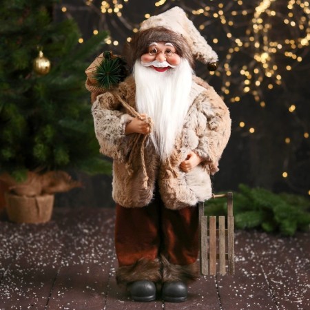 Santa Claus "in a fur cap, gifts and sleds" 47 cm, brown