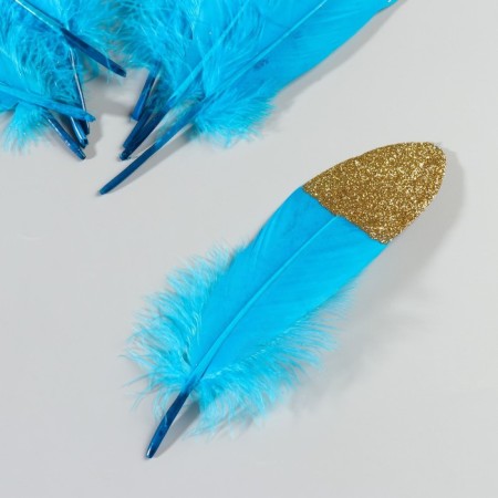 A set of goose feathers 15-20 cm, 10 pcs, blue with a golden crumb-2