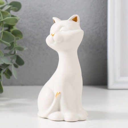 Souvenir Ceramics "White Cat with Golden Nose" Matte 6x5x13 cm-3