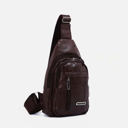 Male sling bag, artificial leather, headphone opening, brown color-1
