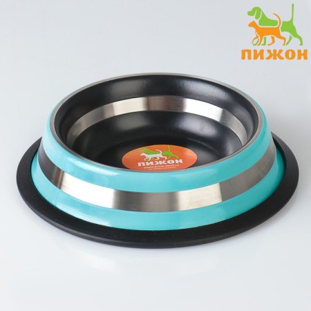 A bowl with a non -slip base of two -color with a strip, 230 ml, turquoise