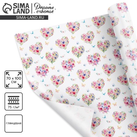 Glossy packaging paper "Flower hearts", 70 x 100 cm