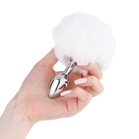 Anal plug with a fluff of the oka-hood, silver sleeve 28 mm, tail 90 mm, white-2