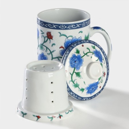 Ceramic mug with a lid and sieve "flowering roses", 300 ml-2