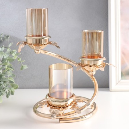 Summary metal, glass for 3 candles "Branch with leaves" D-5 cm gold 15x15x23.5 cm-2
