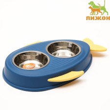 Metal dual bowl on a plastic base 2 x 160 ml, 35 x 23.5 x 5 cm, blue