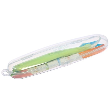 A spoon for a nursery, for the first feeding, in a container, green-6