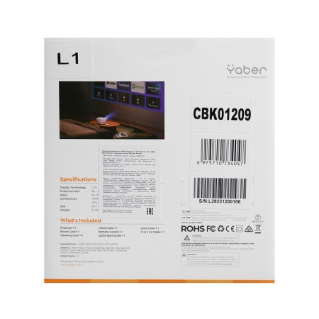 Projector Yaber Projector L1, 200 LM, 1280x720, 0: 1, lamp resource: 25,000 hours, USB, HDMI, White-8