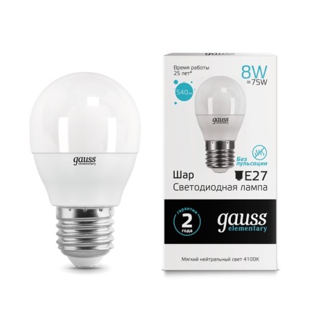 LED LED ELEMENTARY 8W ball 4100K neutr. Bel. E27 540lm Gauss 53228-1