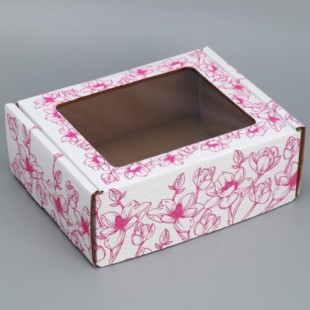 Box a gift team with a window, packaging, "flowers", white, 27x10x21 cm-1