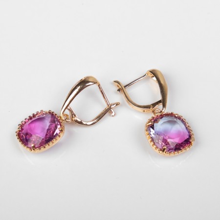 Earrings with “Illusion” rhinestones, a smooth square, raspberry-purple color in gold-2