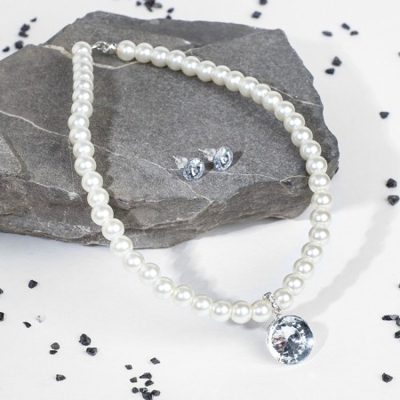 Set 2 objects: earrings, Antoinetta necklace crystals, white color in silver, 40 cm
