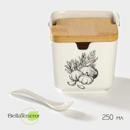 Porcelain Bank for bulk products with a spoon "Estet. Vegetables ", 250 ml, white color