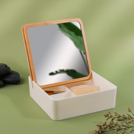 Boxing for storing cosmetic supplies, with a mirror, 4 sections, 15 × 15 × 5 cm, white/brown color