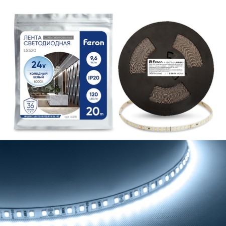 Feron 20 m, IP20, SMD2835, 120 LED/m, 9.6 W/2 24 V, Cold white glow.