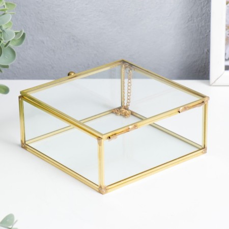 Casket glass with a metal frame "Square with faces" gold 5x12x12 cm-2