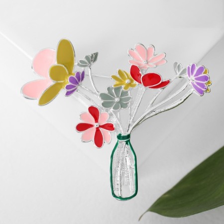 Brooch "Flowers" in a vase, colored in silver-3