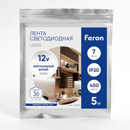Feron 5 m, IP20, COB LED strip, 400 LED/m, 7 W/m, 12 V, glow of white-2