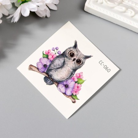 Tattoo on the body color "Little eagle owl on a branch with flowers" 6x6 cm-1