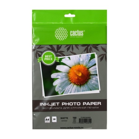 Photo paper for jet print A4, 20 sheets Cactus, 160 g/m2, one -sided, matte, in the bag