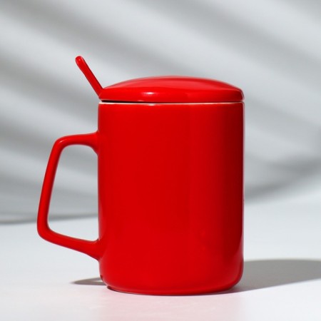 Ceramic mug with a spoon and lid "Penguins", 400 ml, red color-7