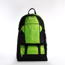 A backpack on a zipper with an increase, 65l, 4 external pockets, green color